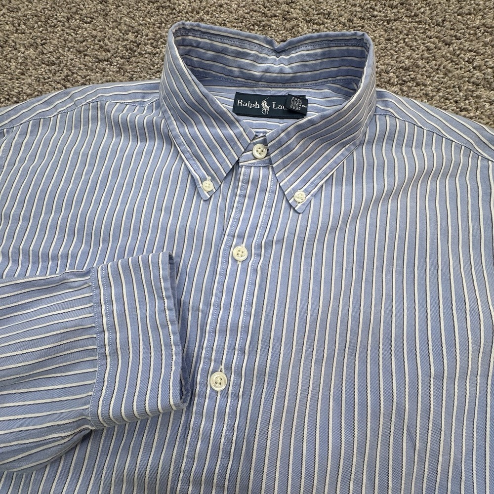 Polo Ralph‎ Lauren Size 17 43 Blue Stripe Custom Fit Button Up Dress Shirt
